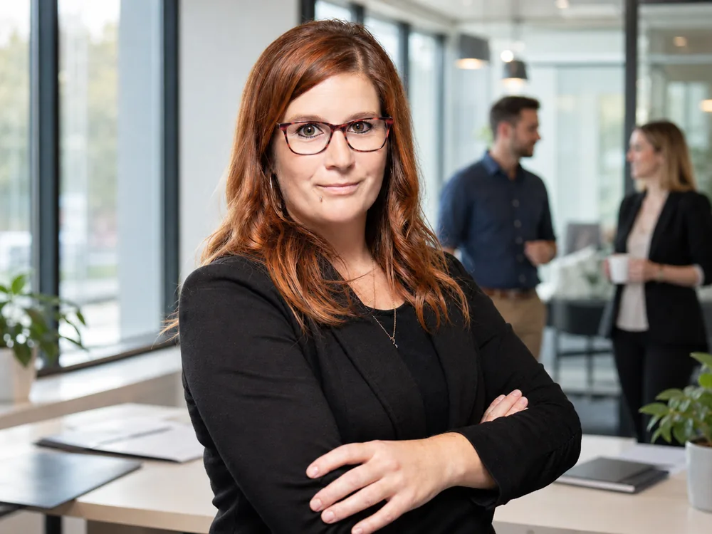 Stéphanie, membre de l'équipe Pulsar, posture confiante avec ses collègues en arrière-plan